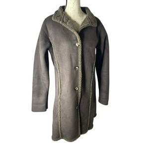 LL Bean Long Coat Jacket Womens Small Brown Faux Suede Sherpa Lined Penny Lane